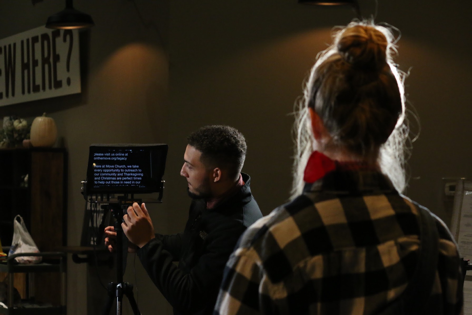 Teleprompter setup for an on-camera interview