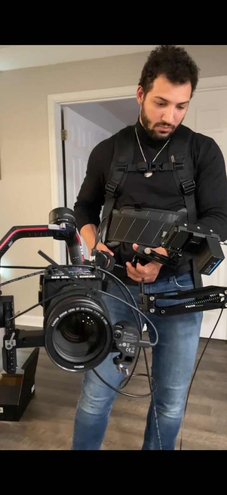 Marcus geared up with a full cinema camera stabilizer rig